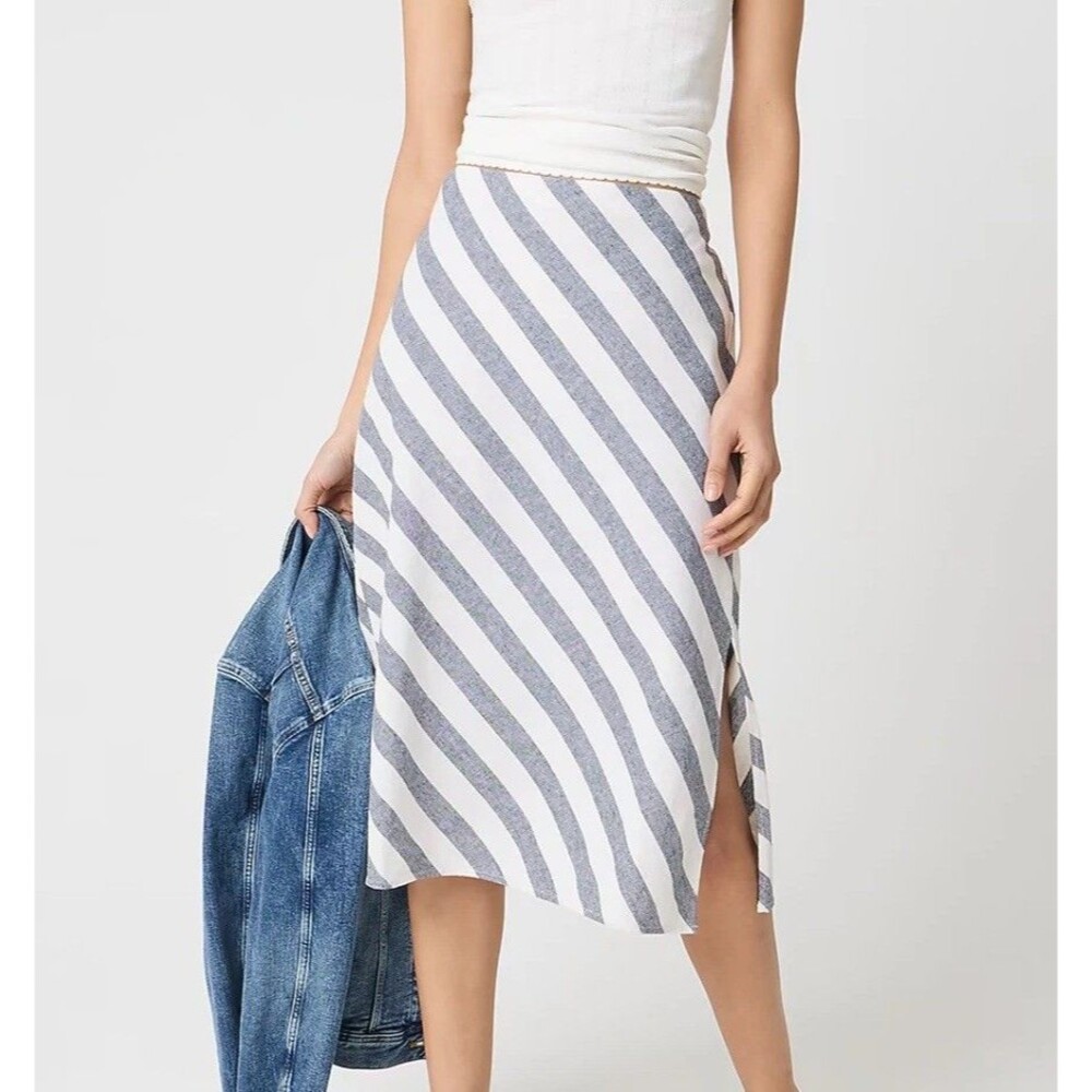 J.Crew Factory Women's Size Small Striped Linen blend Midi Skirt Gray Ivory NWT